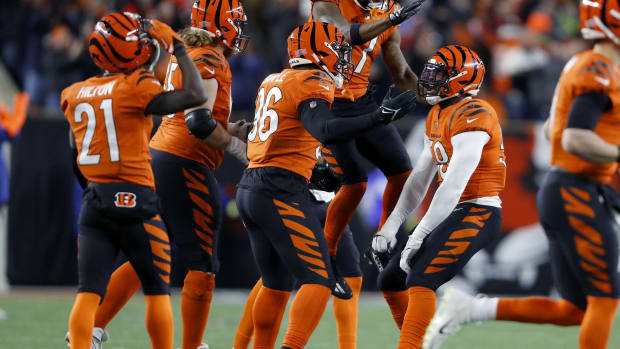 Dec 4, 2022; Cincinnati, Ohio, USA; Cincinnati Bengals defensive end Joseph Ossai (58) celebrates a missed field goal during the fourth quarter against the Kansas City Chiefs at Paycor Stadium. Mandatory Credit: Joseph Maiorana-USA TODAY Sports